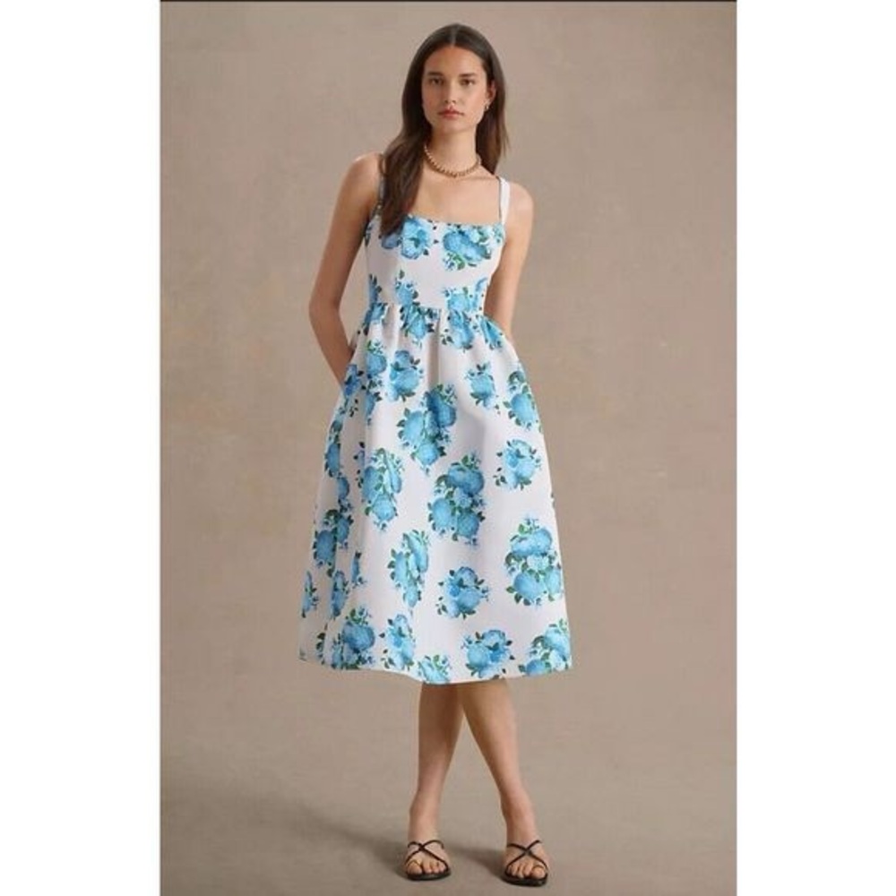 SACHIN & BABI Blaine Taffeta Square-Neck Midi Dress Blue Hydrangea Peony‎ Size 2